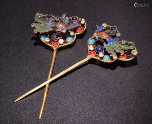 PAIR OF SILVER HAIR PIN WITH PHOENIX