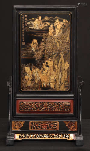 A LACQUER SCREEN CARVED WITH FIGURE OUTLINE IN GOLD