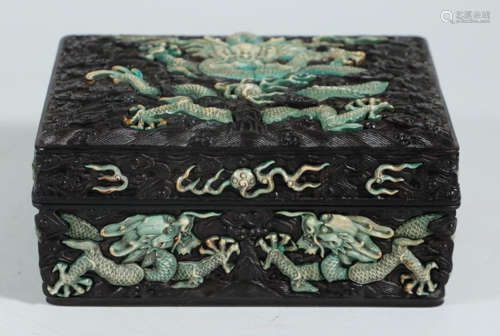 A ZITAN WOOD SQUARE BOX CARVED WITH DRAGON PATTERN