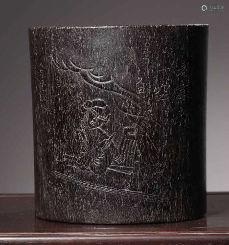 A XIAOYE ZITAN WOOD BRUSH POT CARVED WITH FIGURE