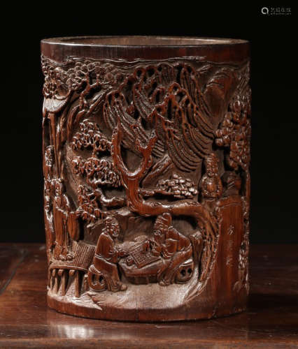 A BAMBOO CARVED CHARACTER STORY PATTERN BRUSH POT