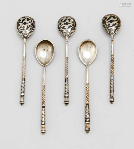 Five mocha spoons, marked