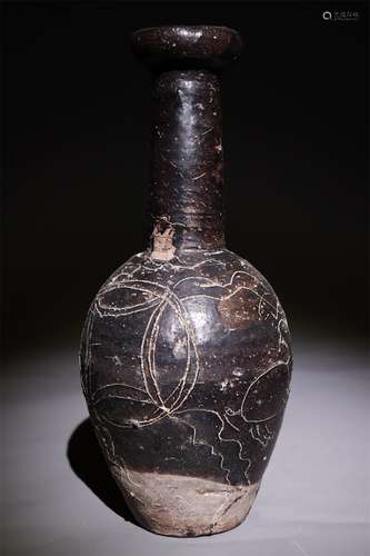 Black glazed vase with flower plate and mouth