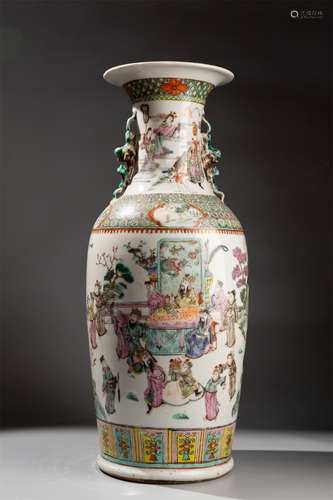 Large bottle with two ears decorated with famille rose figures and flowers