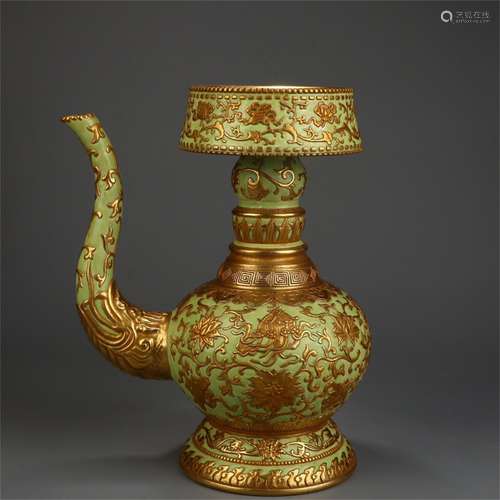 The green space pastel carving eight treasures twined with twigs and gold spout pot made in Qianlong year of Qing Dynasty