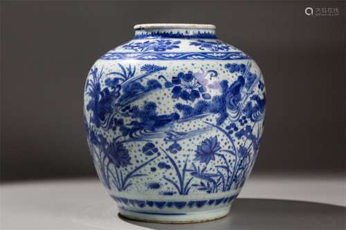 Blue and white pot with flower and bird patterns