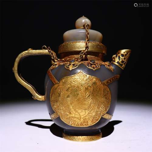 Hetian jade inlaid gold teapot