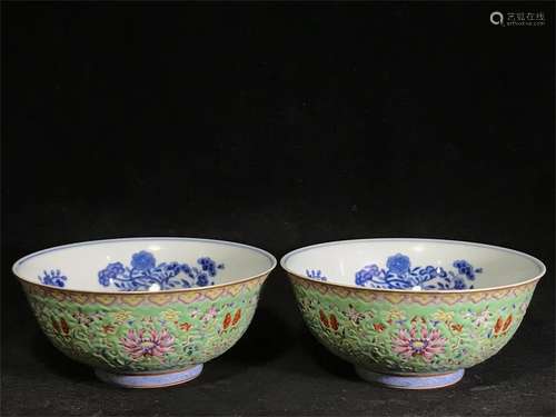 A pair of flower bowls with inner green pollen and colorful green earth