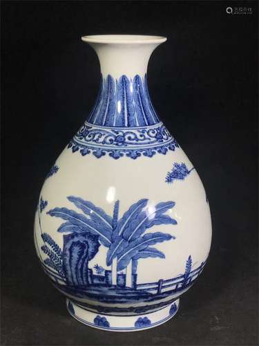 Jade pot spring vase decorated with blue and white bamboo and Musa