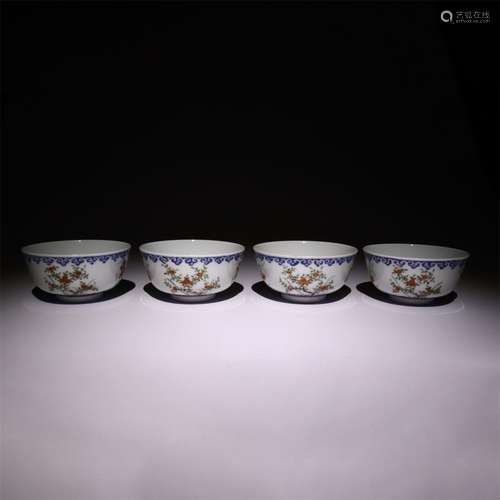 Four bowls decorated with famille rose flowers