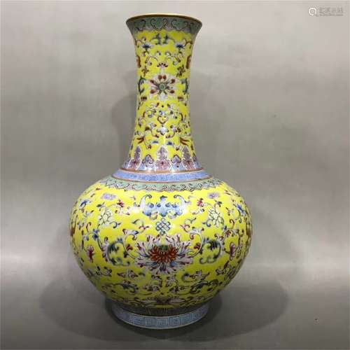 Yellow ground pink lotus vase