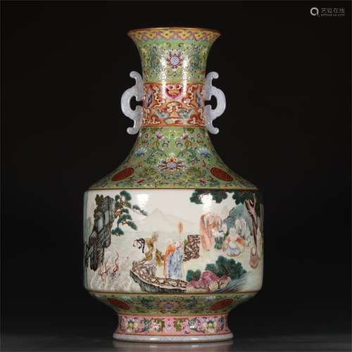 Green pastel character story double eared bottle made in Qianlong year of Qing Dynasty