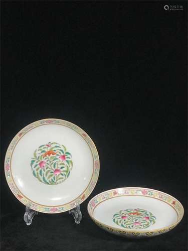 A pair of famille rose and longevity dishes