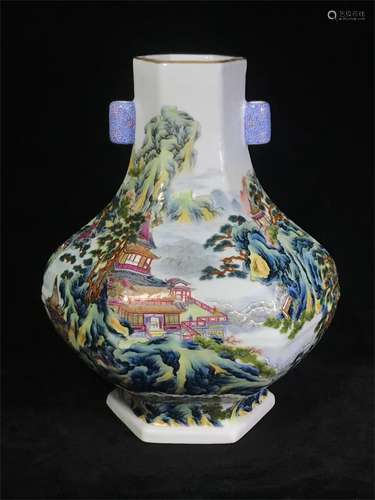 Six square ear filling bottle with famille rose landscape figure pattern