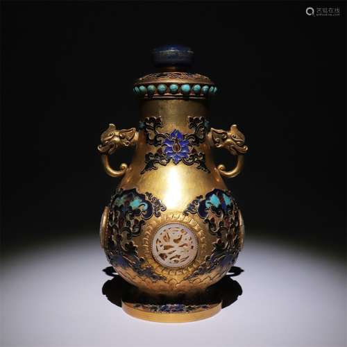 Bronze gilded jade vase with two ears