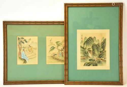 Pair Vintage Asian Silk Watercolors Bamboo Frames