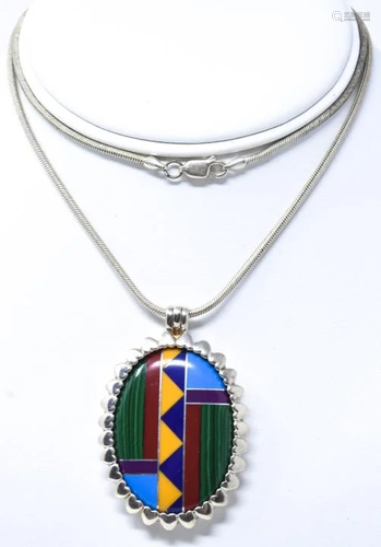 Southwestern Style Sterling Stone Inlaid Necklace