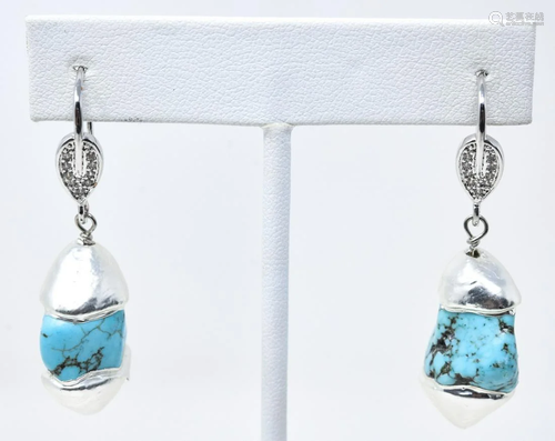 Turquoise & Pave Set Modernist Design Earrings