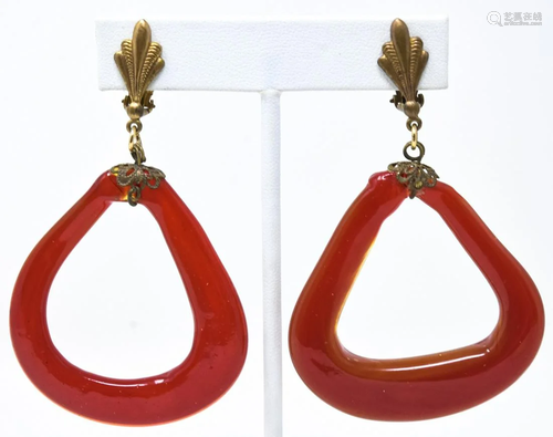 Pate de Verre Red Glass Dangle & Brass Earrings