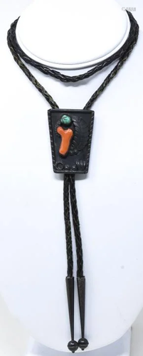 Marc Begay (MB) Sterling Coral Turquoise Bolo Tie