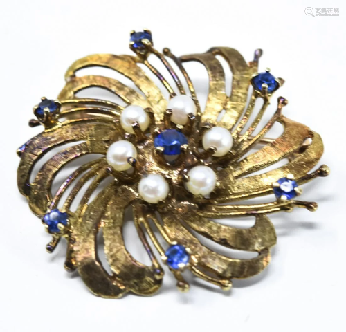 14K Yellow Gold Pearls & Sapphire Brooch