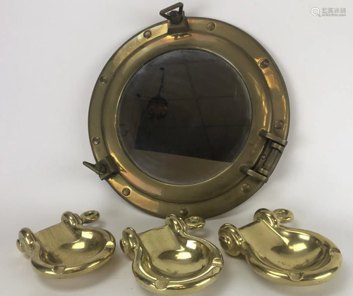 Vintage Brass Porthole & 3 Solid Brass Ash Trays