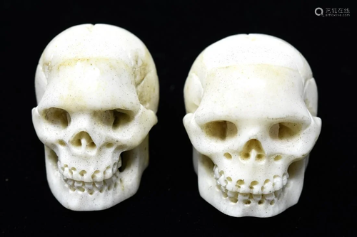 Pair Hand Carved Bone Memento Mori Skull Pendants