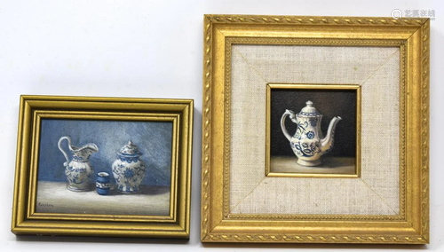 Two Small Oil Paintings of Teapots Signed Carolou