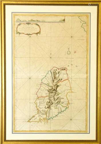 Antique Framed Hand Colored Large Map of Grenada