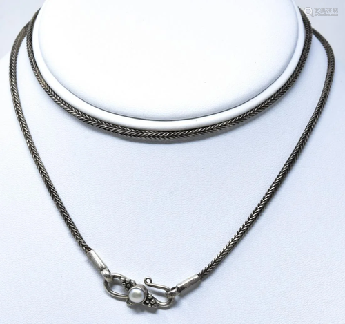 Woven Sterling Silver & Pearl Set Clasp Necklace