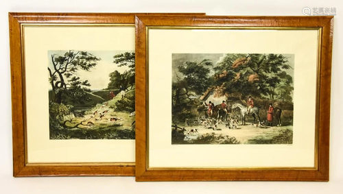 Pair Antique Fox Hunting Hand Colored Lithographs