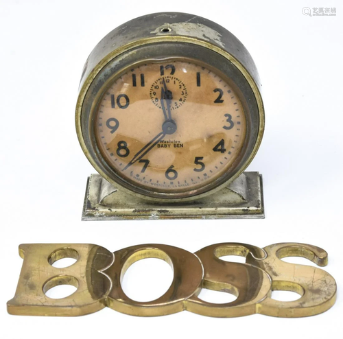 Two Desk Items - Antique Clock & Boss Paperweight