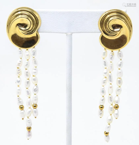 Pair 14K Rice Pearl Tassels Pierced Earrings