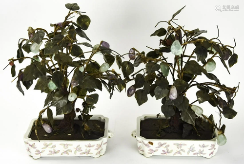 Pair Chinese Amethyst & Soapstone Bonsai Trees