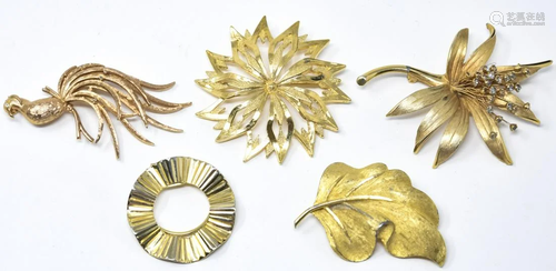 Five Costume Jewelry Signed Designer Brooch Pins