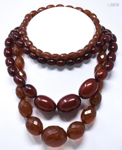 2 Strands Art Deco Cherry Amber Bakelite Neckla