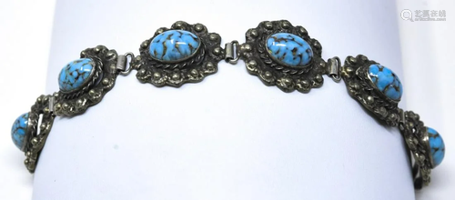 Vintage Turquoise Art Glass Silver Panel Bracelet