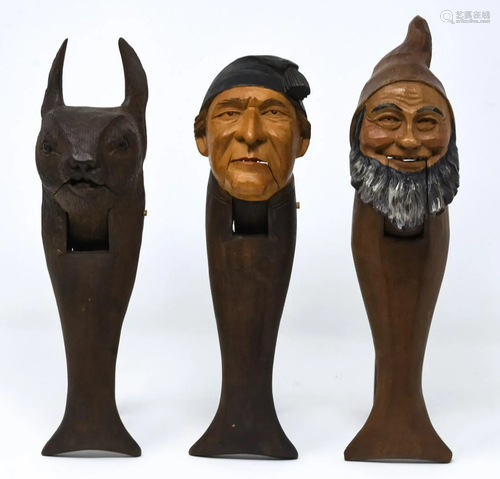 3 Folk Art Hand Carved Wooden Nut Crackers