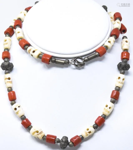 Silver, Coral & Carved Bone Skull Beaded Necklace