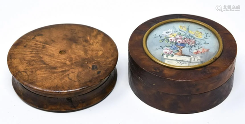 2 Antique Burled Wood Round Table Boxes