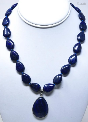 Carved Pear Shape Lapis Lazuli Beaded Necklace