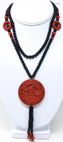 Carved Cinnabar & Onyx Beaded Necklace