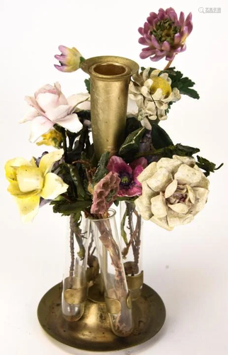 Vintage Gold Plated Bud Vase W Porcelain Flowers