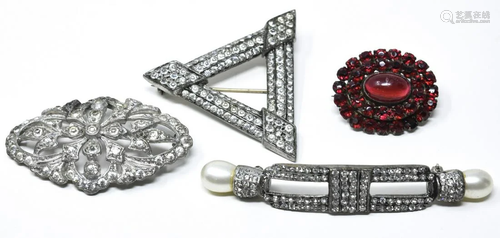 Four Antique Rhinestone & Ruby Paste Brooch Pins