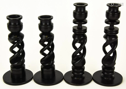 Antique Double Helix Carved Mahogany Candlesticks