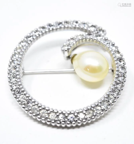 Ciner Silver Tone, Rhinestone & Dangling Pearl Pin