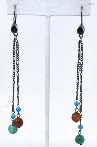 Sterling Onyx Turquoise & Carnelian Earrings