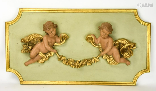 Cast Plaster Hand Painted Hanging Cherub Plaque