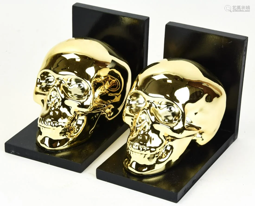 Pair Gilt Brass Figural Human Skull Bookends