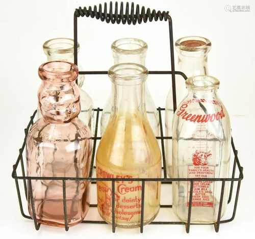 Antique Glass Milk Bottles & Wire Holder